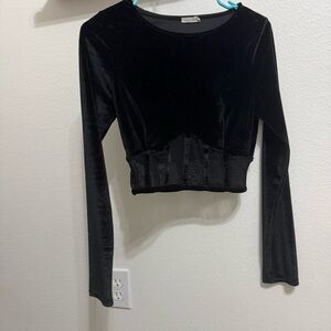 Black velvet long sleeve corset top with mesh under bust and faux boning